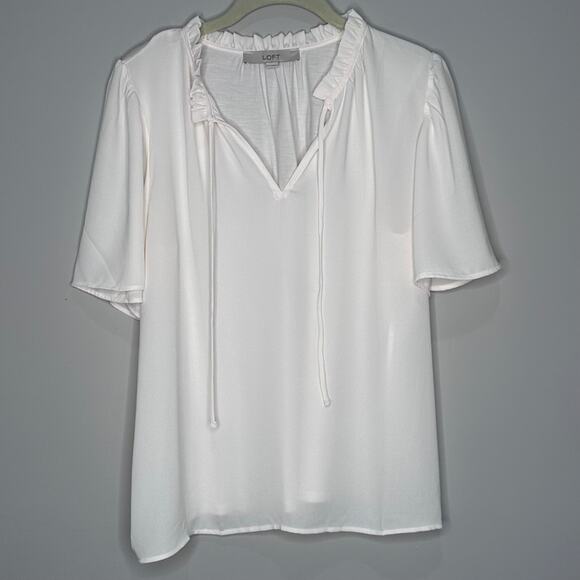 Ann Taylor LOFT Ruffle Tie Neck Mixed Media Top, Size Small - Picture 2 of 9